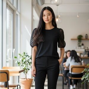 Adrianna Papell Black Sheer Swiss Dot Puff Sleeve Top | Size S